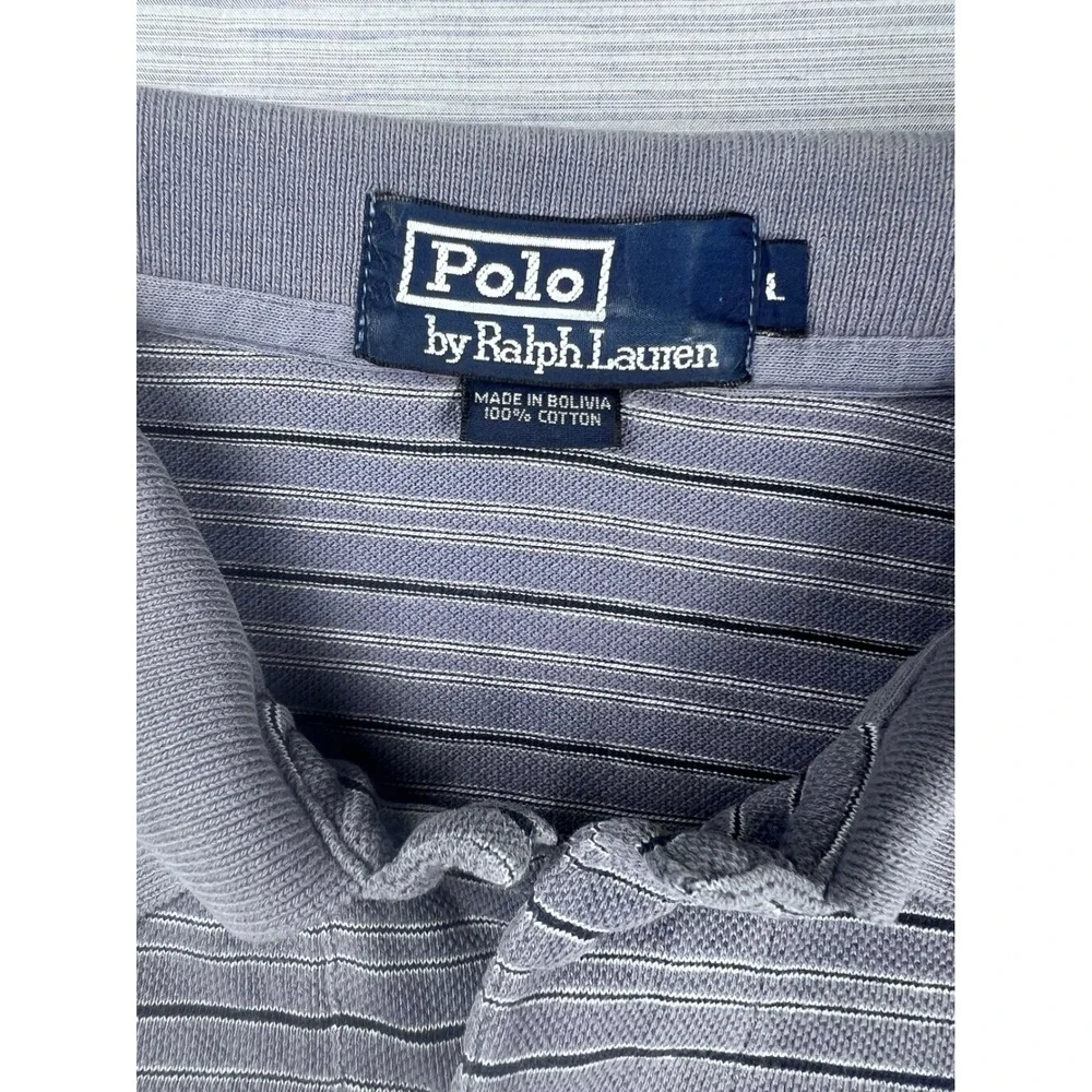 Polo Ralph Lauren Mens Large Blue‎ Grey Striped Short Sleeve Pique Polo Shirt